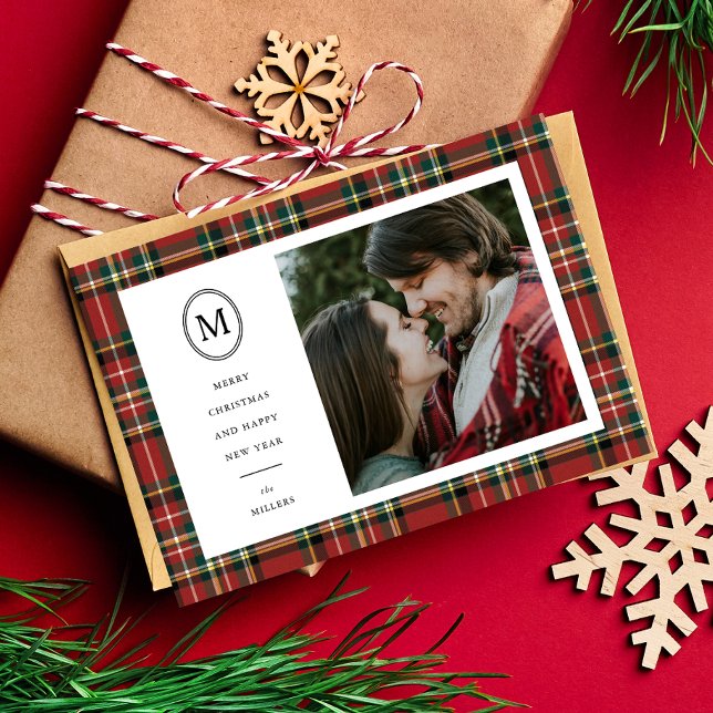 Classic Red Plaid Christmas Name Monogram 1 Photo Holiday Card (Creator Uploaded)
