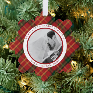 Classic Red Plaid Christmas Photo Ornament Card
