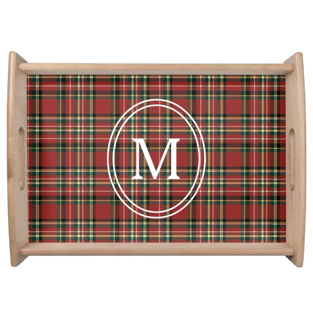 Classic Red Plaid Custom Monogram Christmas gift Serving Tray (Front)