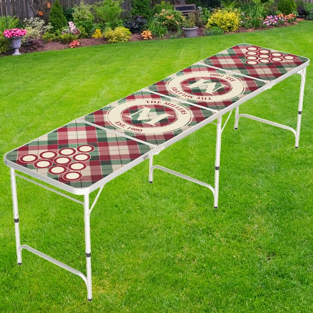Classic Red Plaid Family Monogram & Name Beer Pong Table (Creator Uploaded)