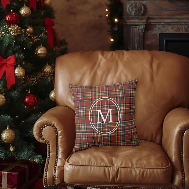 Classic Red Plaid Monogram Christmas Holiday Throw Pillow (Creator Uploaded)