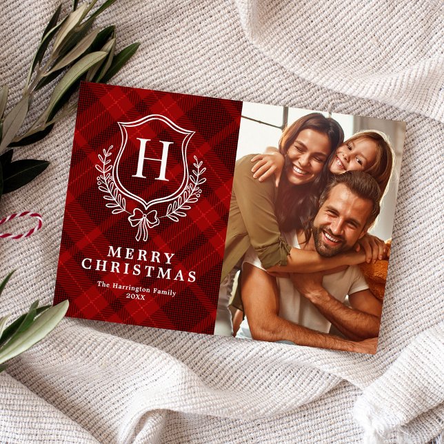 Classic Red Plaid Monogram Photo Christmas Holiday Card (Creator Uploaded)