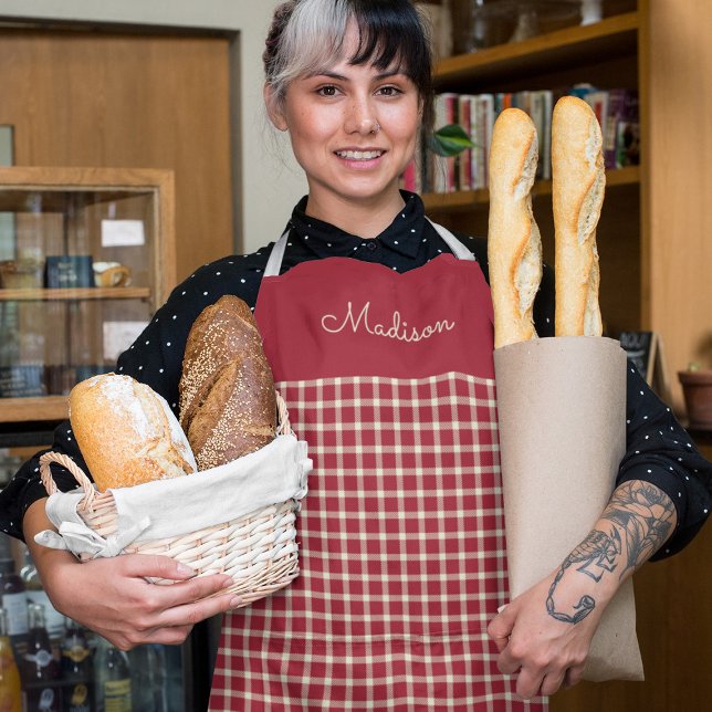 Classic Red Plaid Pattern Apron with Name (Creator Uploaded)