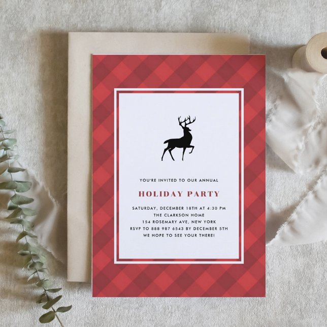 Classic Red Plaid Pattern Deer Holiday Party Invitation (Creator Uploaded)