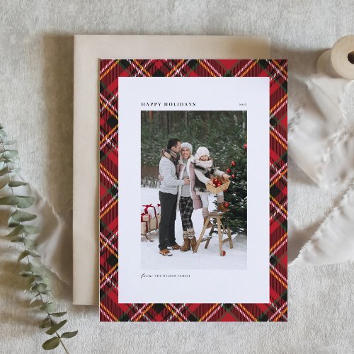 Classic Red Plaid Pattern Happy Holidays Photo