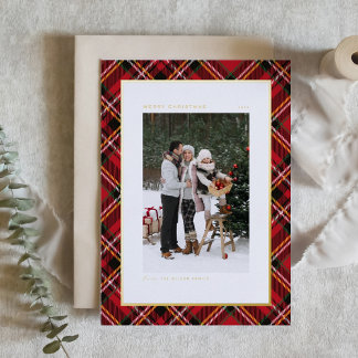 Classic Red Plaid Pattern Merry Christmas Photo Foil Holiday Card