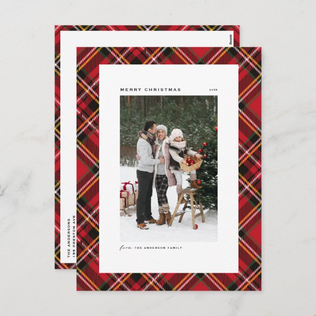 Classic Red Plaid Pattern Merry Christmas Photo Holiday Postcard (Front/Back)