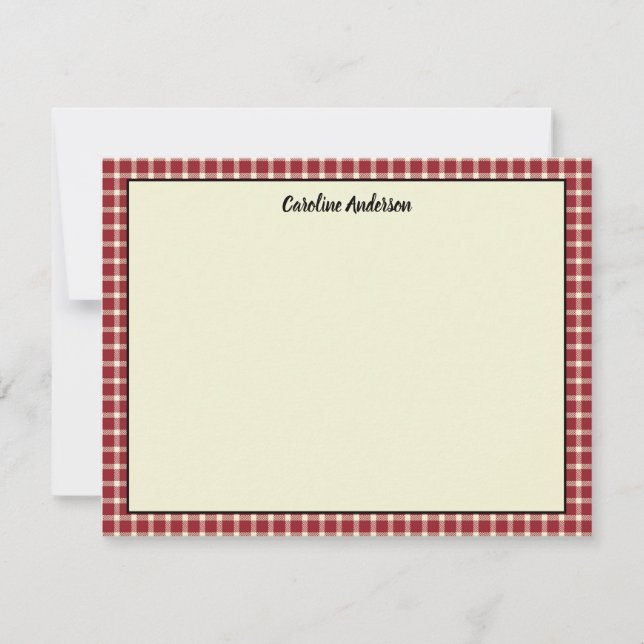 Classic Red Plaid Pattern with Your Name Note Card (Front)