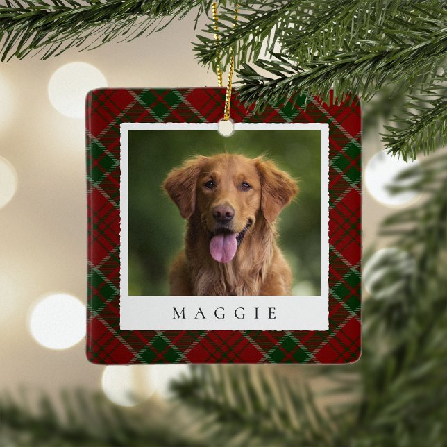 Classic Red Plaid Personalized Pet Dog Photo Ceramic Ornament (Creator Uploaded)