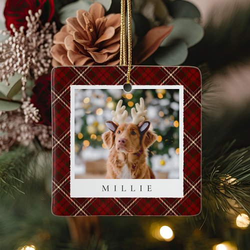 Classic Red Plaid Personalized Pet Dog Photo Ceramic Ornament