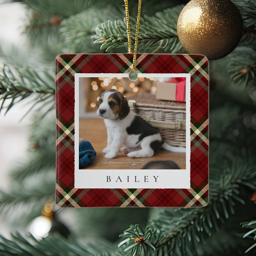 Classic Red Plaid Personalized Pet Dog Photo Ceramic Ornament