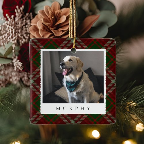 Classic Red Plaid Personalized Pet Dog Photo Ceramic Ornament