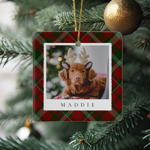 Classic Red Plaid Personalized Pet Dog Photo Ceramic Ornament