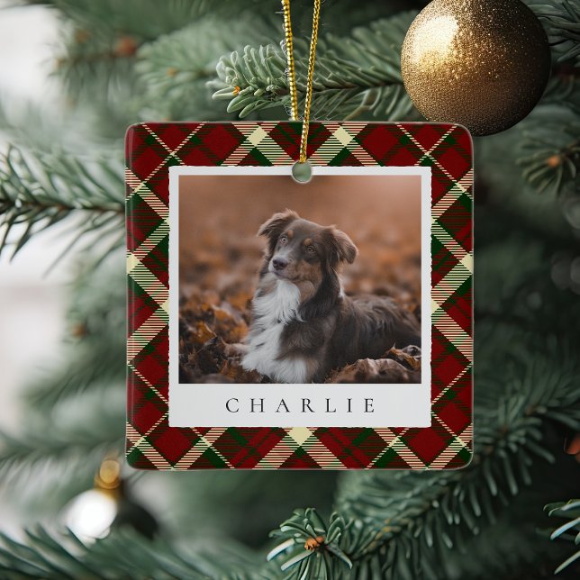 Classic Red Plaid Personalized Pet Dog Photo Ceramic Ornament (Creator Uploaded)