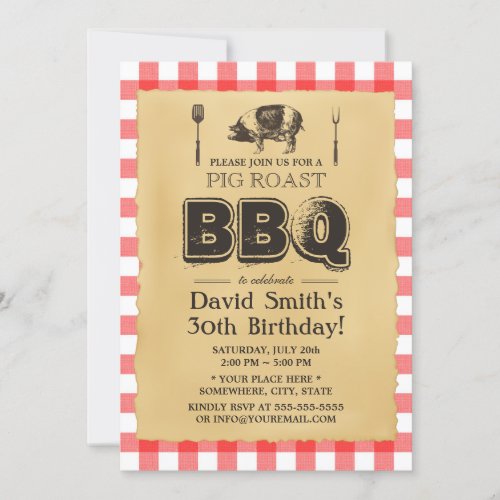 Classic Red Plaid Pig Roast BBQ Birthday Party Invitation