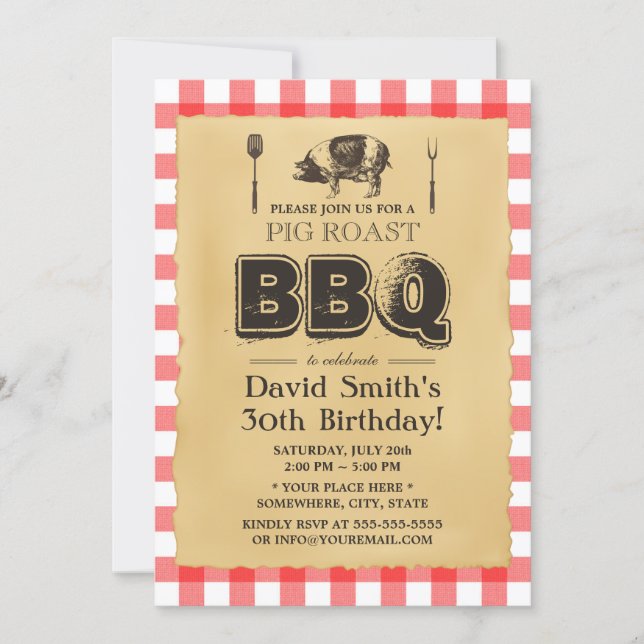Classic Red Plaid Pig Roast BBQ Birthday Party Invitation (Front)