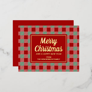 Classic Red Plaid Script Christmas Gold Foil Holiday Postcard