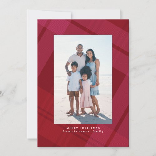 Classic red plaid simple vertical Christmas photo Holiday Card