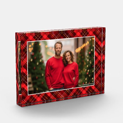 Classic Red Plaid Tartan Christmas Family Photo Block