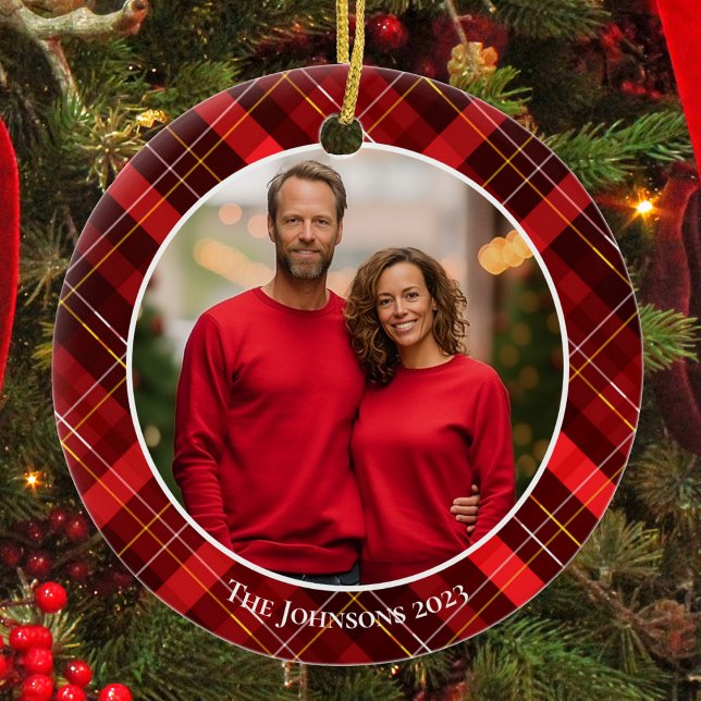 Classic Red Plaid Tartan Christmas Family Photo Ceramic Ornament (Creator Uploaded)