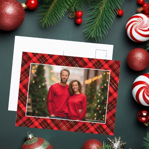 Classic Red Plaid Tartan Christmas Photo Holiday Postcard