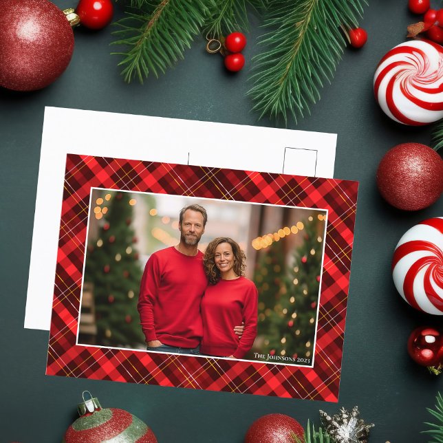 Classic Red Plaid Tartan Christmas Photo Holiday Postcard (Creator Uploaded)