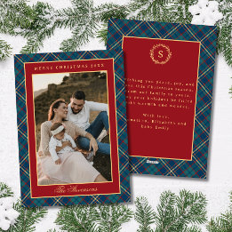 Classic Red Plaid Vintage Wreath Photo Christmas Holiday Card