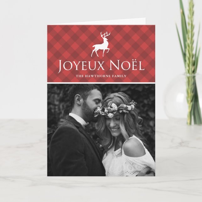 Classic Red Plaid with Deer Joyeux Noël Photo Holiday Card (Front)