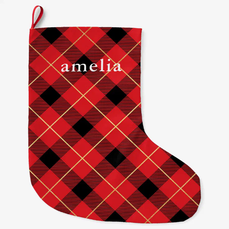 Classic Red Plaid with Name Holiday Large Christmas Stocking