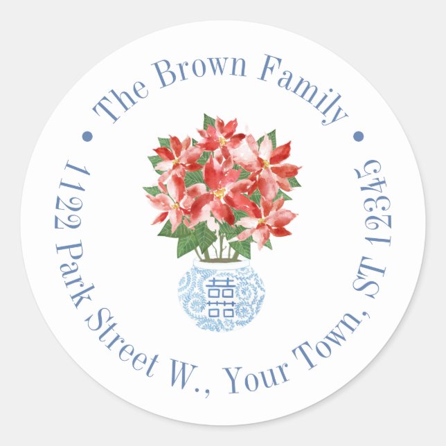 Classic Red Poinsettia Christmas Return Address Classic Round Sticker (Front)
