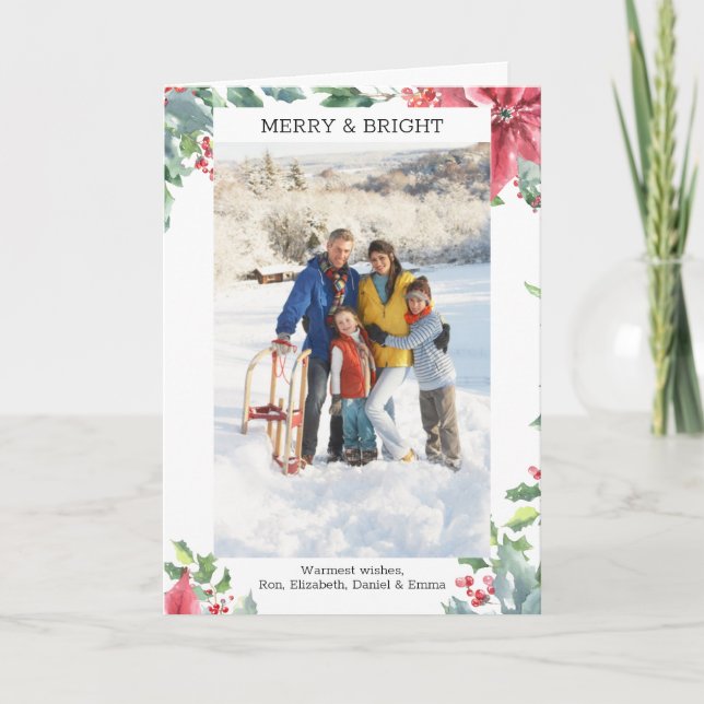 Classic Red Poinsettia Floral Custom Photo Holiday Card (Front)