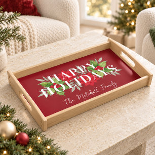 Classic Red Poinsettia Happy Holidays Family Name Serving Tray