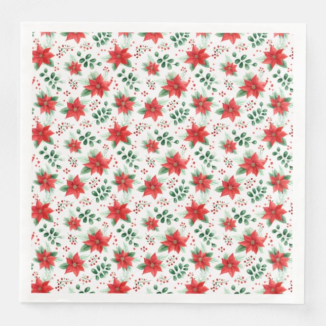 Classic Red Poinsettias Botanical Pattern Paper Dinner Napkins (Front)
