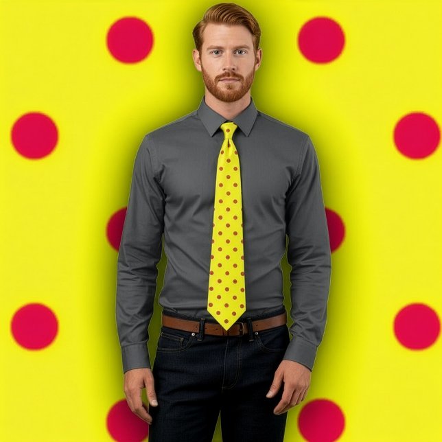 Classic Red Polka Dot Pattern on Yellow Tie (Man wears a yellow tie with red polka dots. Background matches the pattern on tie.)