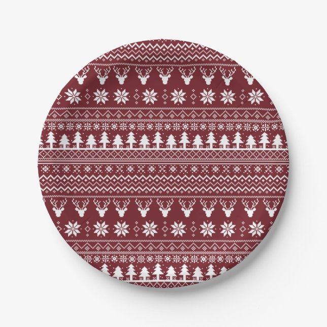 Classic Red Reindeer Christmas Sweater Pattern Paper Plates (Front)
