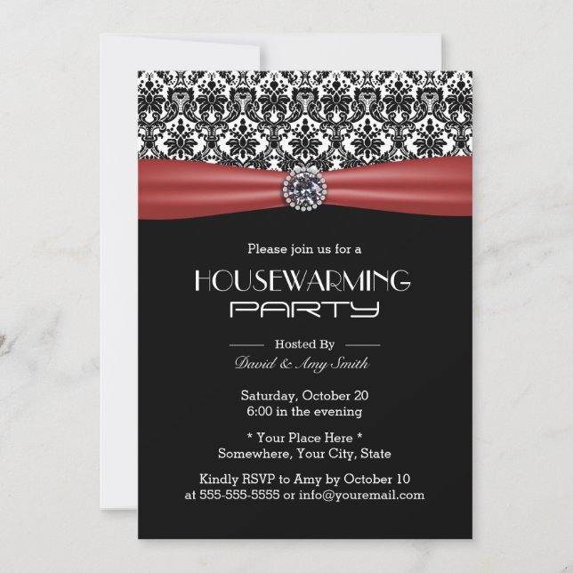 Classic Red Ribbon & Damask Housewarming Party Invitation (Front)