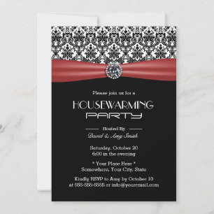 Classic Red Ribbon & Damask Housewarming Party Invitation