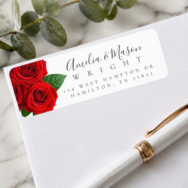 Classic Red Rose Elegant Script Return Address  Label (Classic Red Rose Elegant Script Return Address Label)