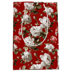 Classic Red Rose White Floral Pattern Medium Gift Bag