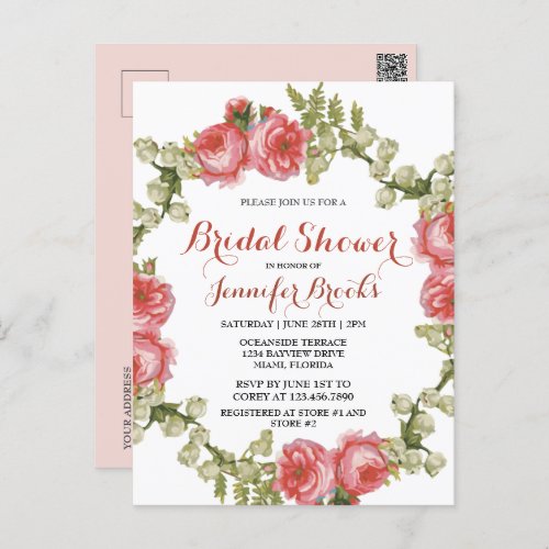 Classic Red Rose Wreath Bridal Shower Invitation Postcard
