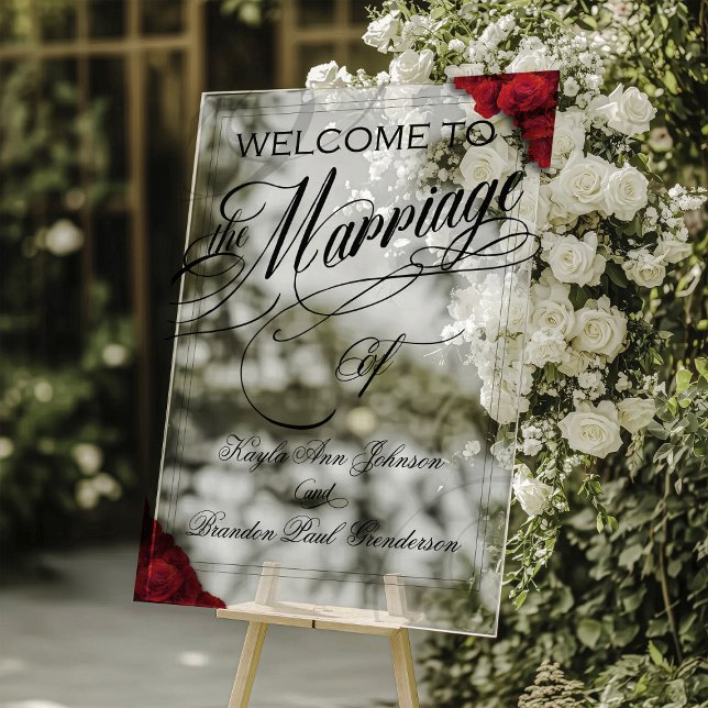 Classic Red Roses Floral  Wedding Welcome  Acrylic Sign (Red Roses Acrylic Wedding sign with script)
