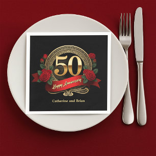 Classic Red Roses & Gold 50th Wedding Anniversary Napkins