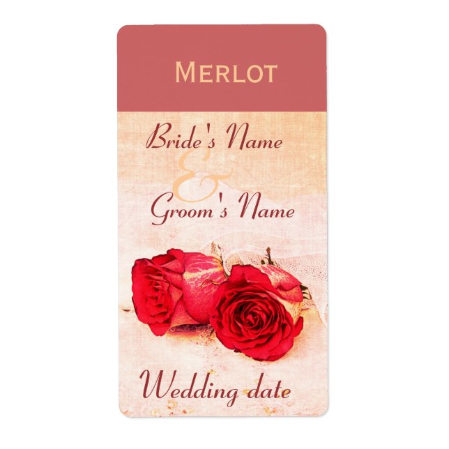 Classic red roses wedding wine bottle lable label (Front)
