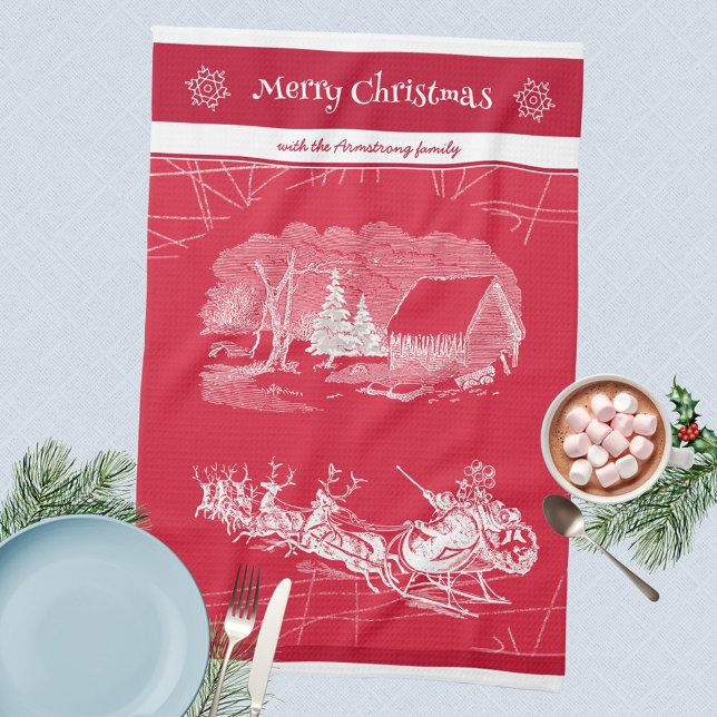 Classic Red Santa Claus Christmas Kitchen Towel (Merry Christmas 🎅🏻 Santa Sleigh Reindeers Red Kitchen Towel ©Susanne Sachers - Sunny Mind Design )