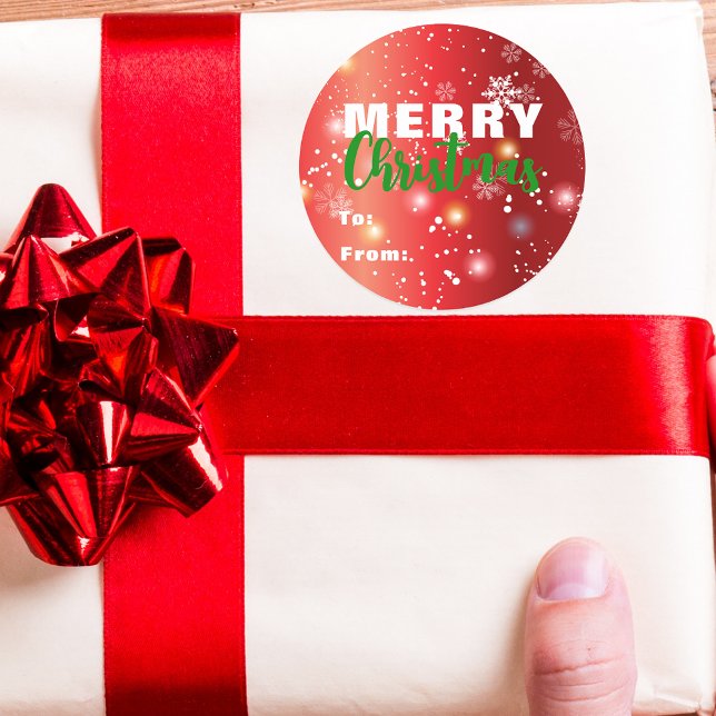 Classic Red Snowflake Merry Christmas Gift Round Sticker (Creator Uploaded)
