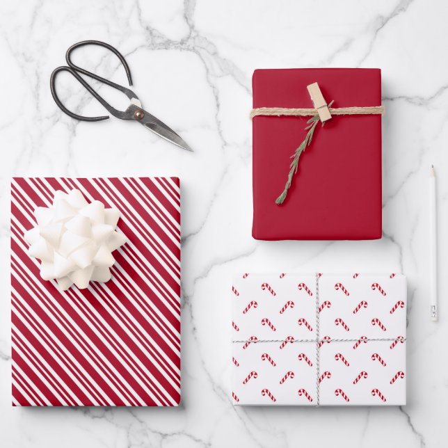 Classic Red Stripe Candy Cane Holiday Wrapping Pap Wrapping Paper Sheets (Front)