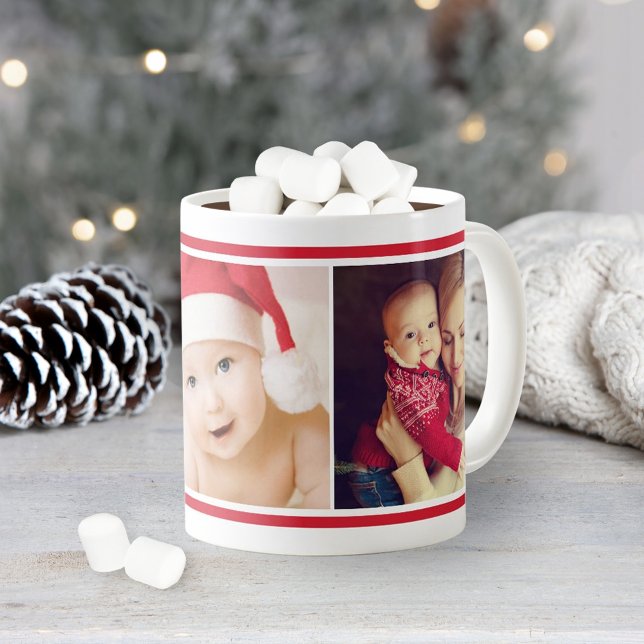 Classic Red Stripe Holiday Photo Collage Coffee Mug (Creator Uploaded)