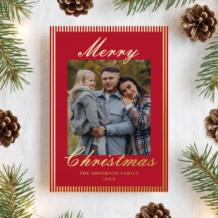 Classic Red Stripes Old Money Christmas Photo Foil Holiday Card