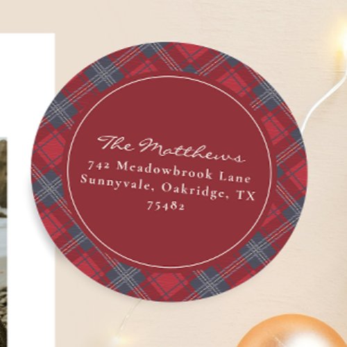 Classic Red Tartan Christmas Return Address Round Sticker