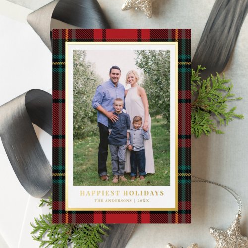 Classic Red Tartan  Gold Foil Holiday Photo Card